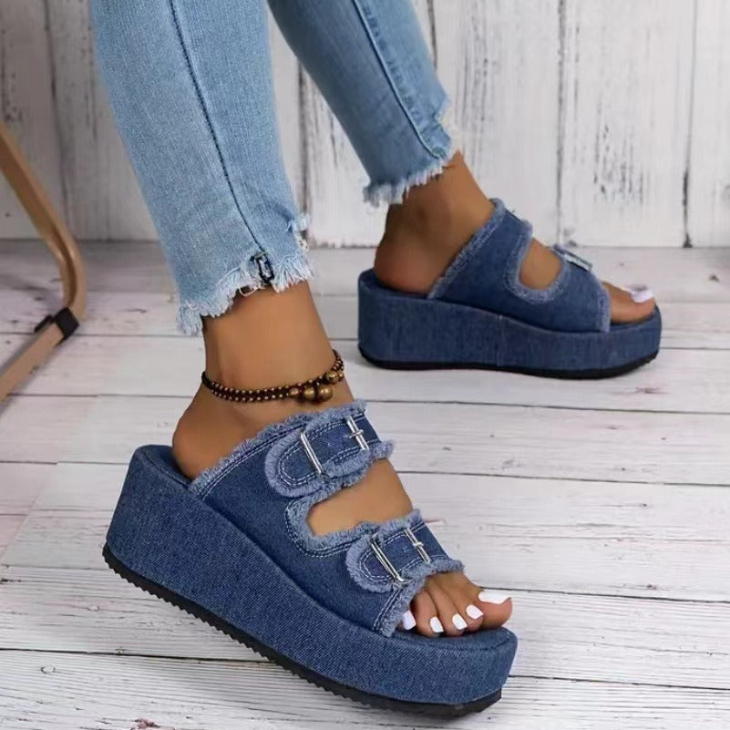 Damen Plattform Sandalen mit schicken doppelt Schnallen EB