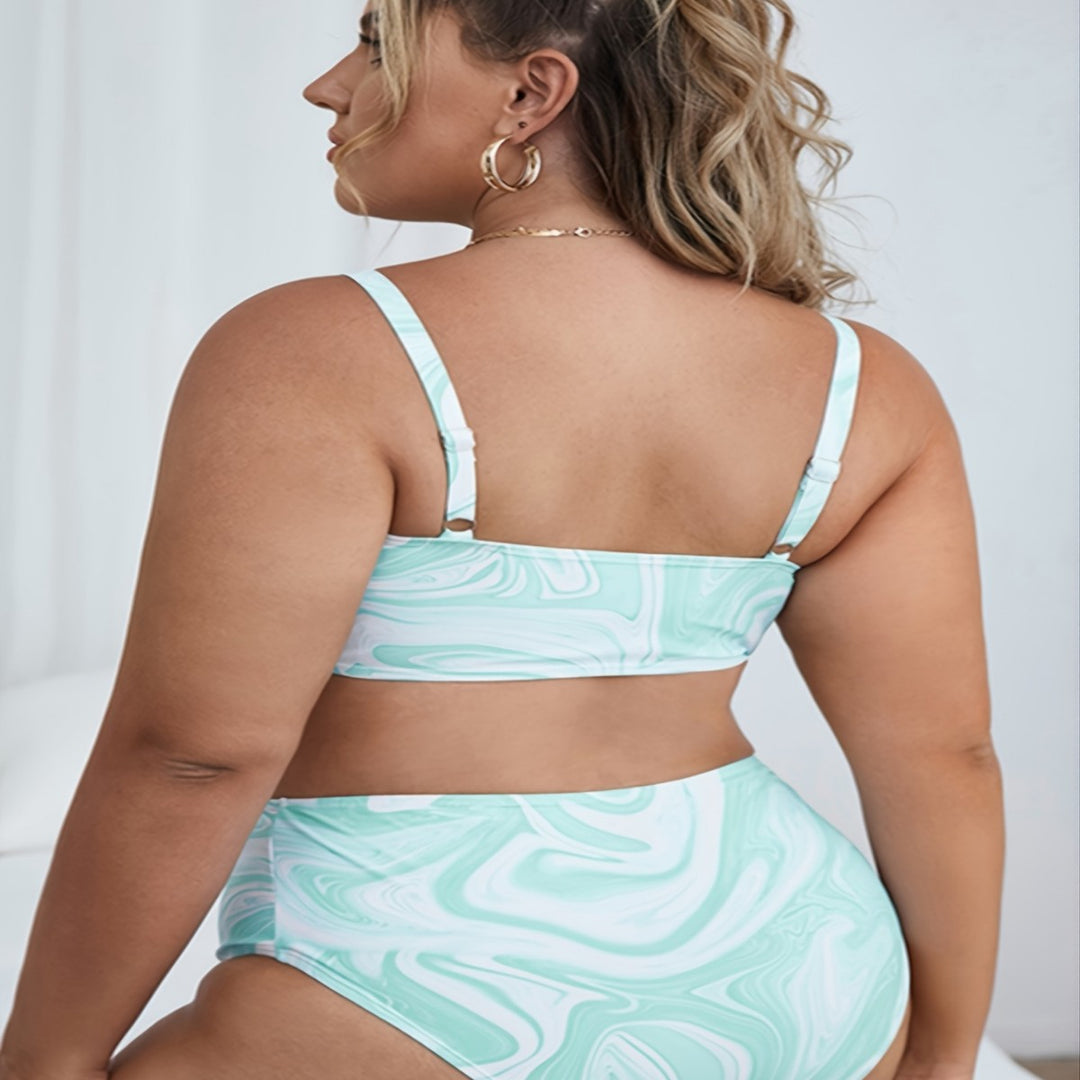Damen Hochgeschnittenes Bikini-Set mit modernem Marmor-Design EB