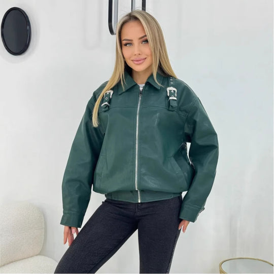 Damen modische Kunstlederjacke im lässigen Stil mit dekorativen Details EB
