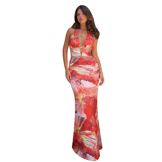 Damen Maxikleid mit floralem Design und tiefem V-Ausschnitt EB