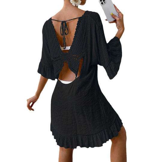 Damen lässiges Strandkleid mit V-Ausschnitt und Rüschensäumen EB
