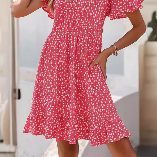 Damen lässiges Freizeitkleid mit fließendem Schnitt und Rüschensaum EB