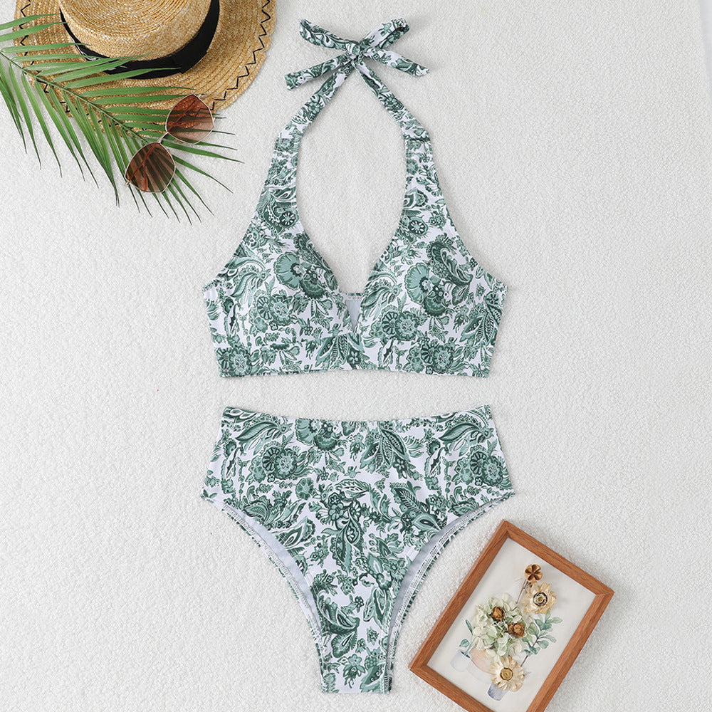 Damen Hochtailliertes Bikini-Set mit floralem Design und verspieltem Halteroberteil EB