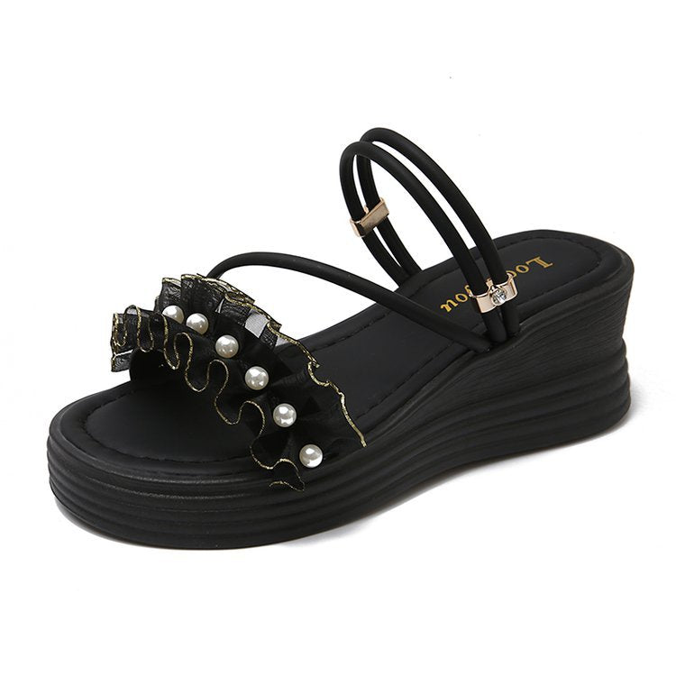 Damen Wedge-Sandalen mit Rüschen und Perlenverzierung EB
