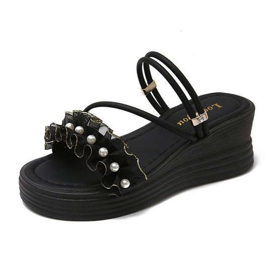 Damen Wedge-Sandalen mit Rüschen und Perlenverzierung EB