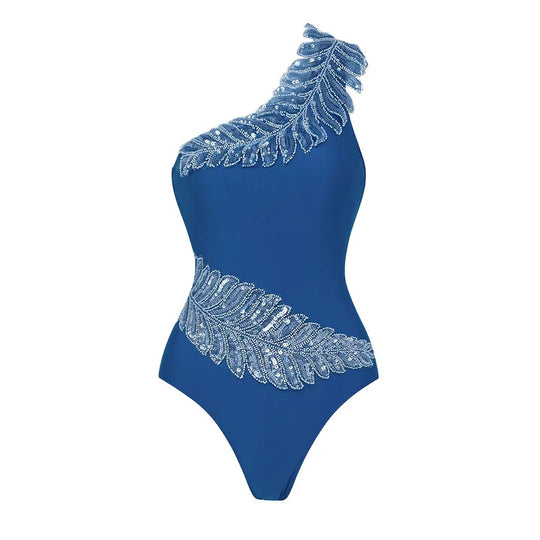 Damen Einseitiger Design Badeanzug mit luxuriösen Pailletten-Akzenten EB