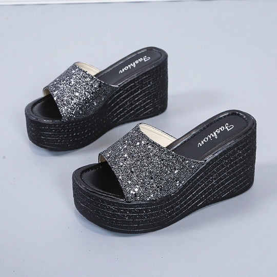 Damen Wedge-Pantoletten mit glitzerndem Obermaterial und rutschfester Sohle EB