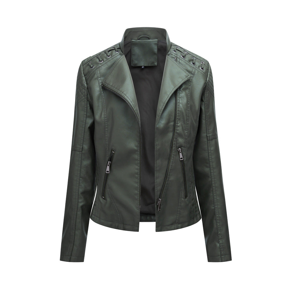 Damen nan kurze Bikerjacke aus Kunstleder mit dekorativen Ösenschnürungen an den Schultern EB