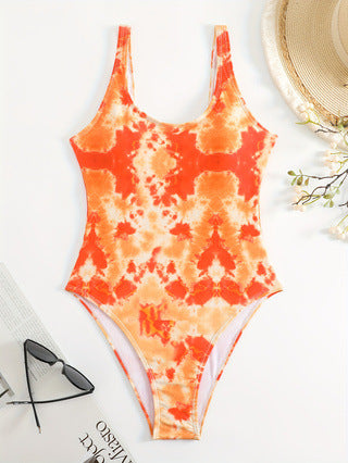 Damen Einteiliger sportlicher Badeanzug mit modischem Tie-Dye-Design EB