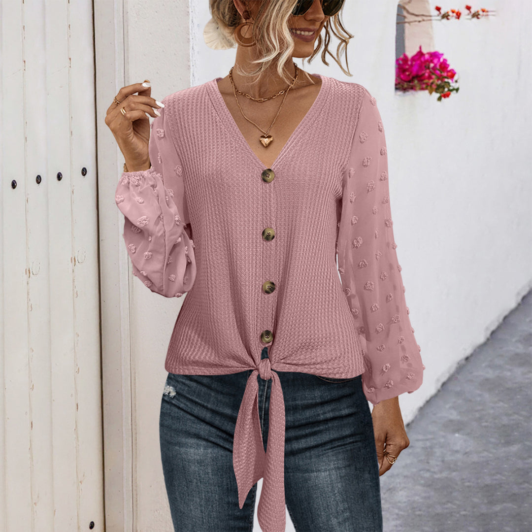 Damen modisches Blusenshirt mit Knopfdetails und voluminösen Ärmeln EB