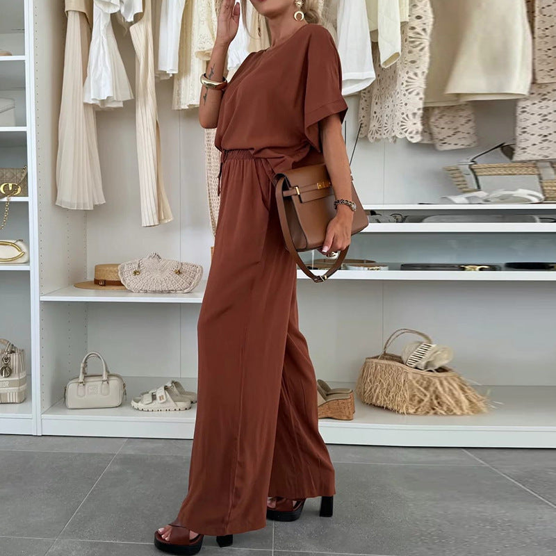 Damen Lässiger Jumpsuit mit weitem Bein und Taillenzug EB