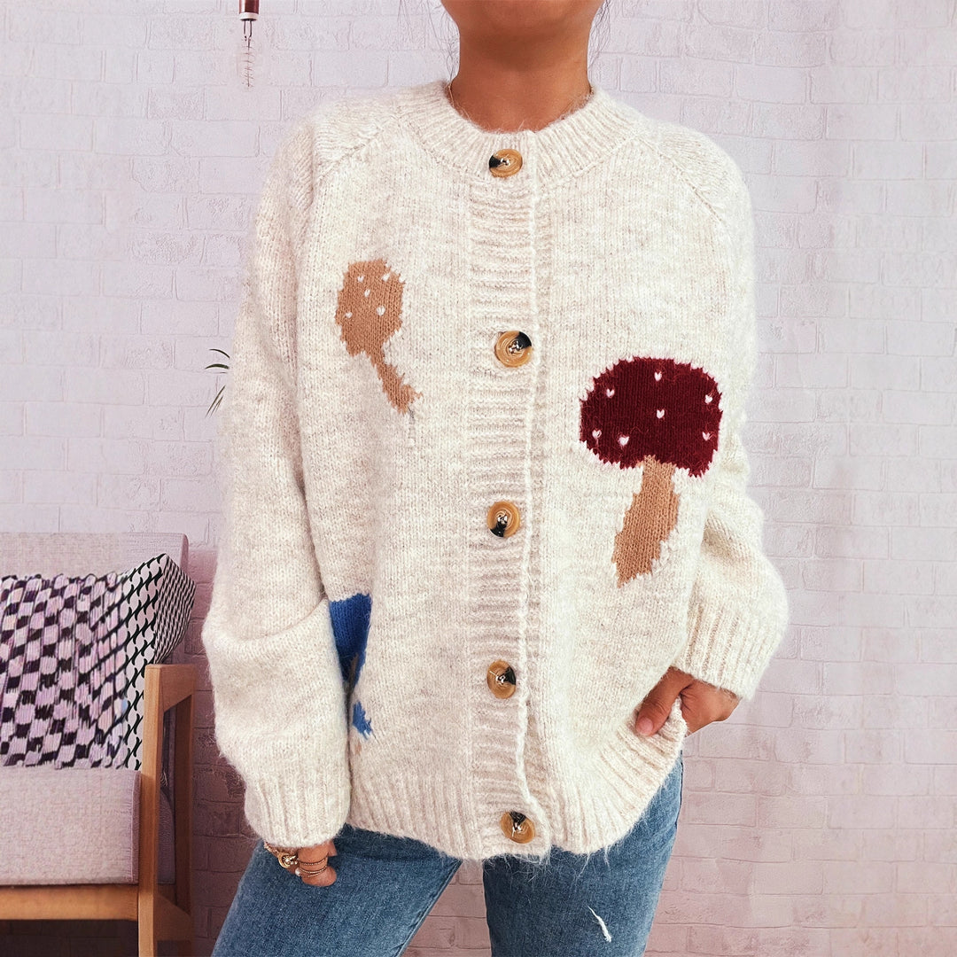 Damen Strickjacke mit buntem Pilzmotiv und Knopfdetails EB