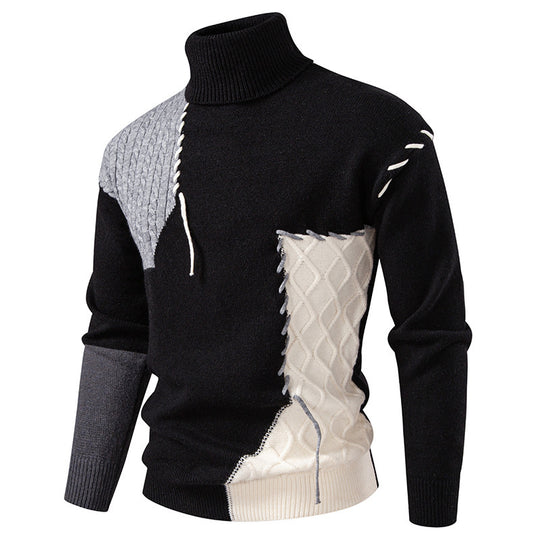 Herren Rollkragenpullover mit geometrischem Zopfmuster und kontrastierenden Akzenten EB
