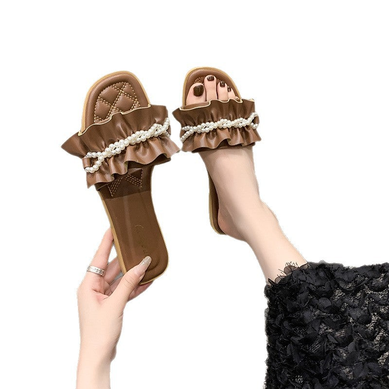 Damen elegante Pantoletten mit Rüschendetails und Perlenschmuck EB