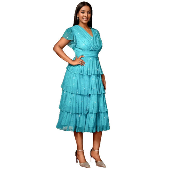 Damen Festliches Kleid mit schimmernden Rüschenschichten EB