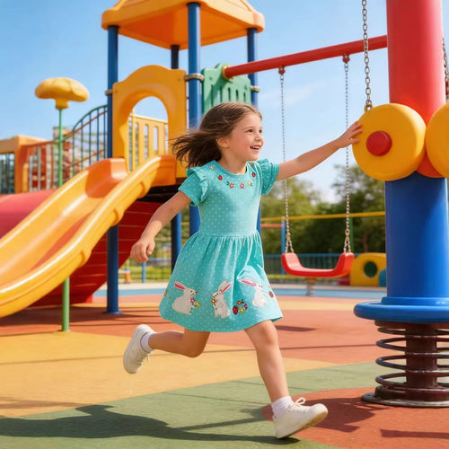 Mädchen Kurzarm Kleid mit verspieltem Hasen- und Blumenmotiv EB