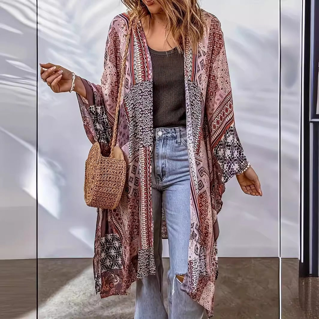 Damen Lässige Kimono-Jacke mit buntem Muster und weitem Schnitt EB