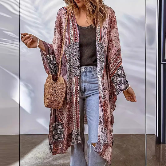 Damen Lässige Kimono-Jacke mit buntem Muster und weitem Schnitt EB