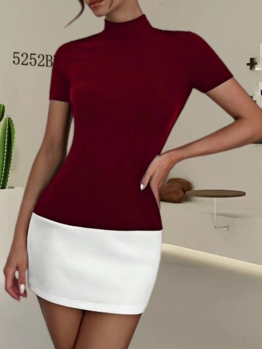 Damen Elegantes Oberteil mit hohem Kragen und kurzen Ärmeln EB