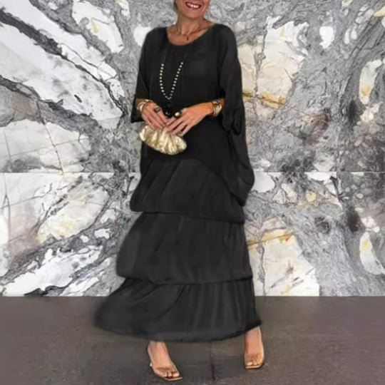 Damen Maxikleid mit fließendem Rock und eleganten Rüschendetails Heidi-Mode