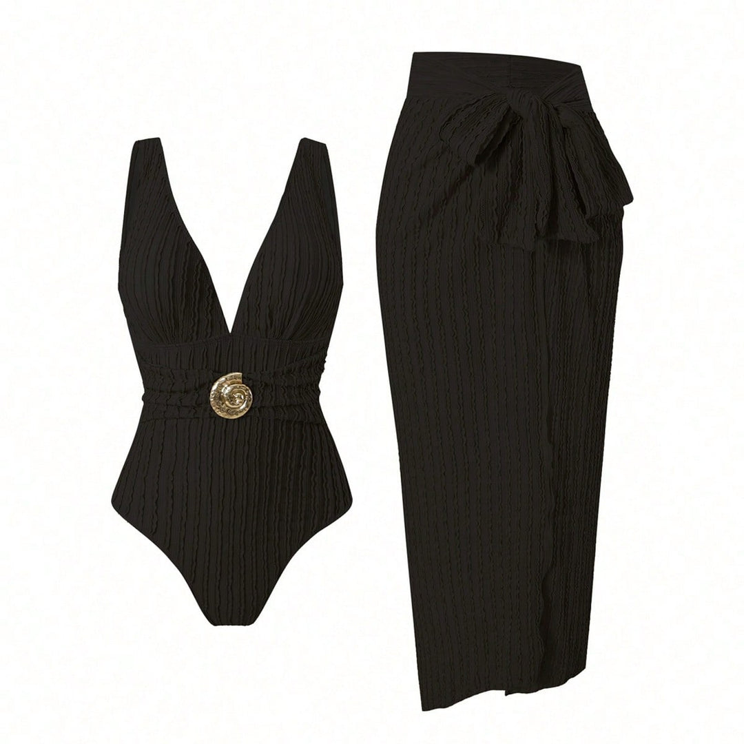 Damen Badeanzug mit femininem Wickelrock und elegantem Schmuckdetail EB