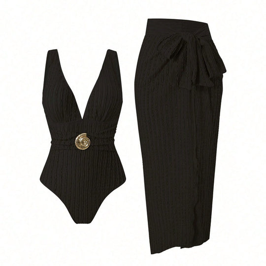 Damen Badeanzug mit femininem Wickelrock und elegantem Schmuckdetail EB