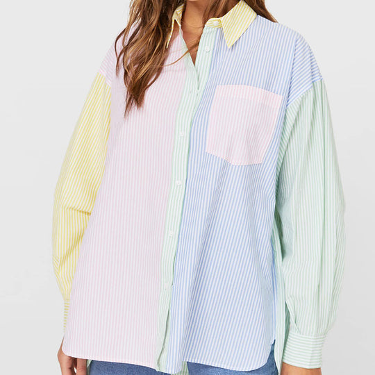 Damen nan oversized Hemdbluse mit Blockstreifen und Brusttasche EB