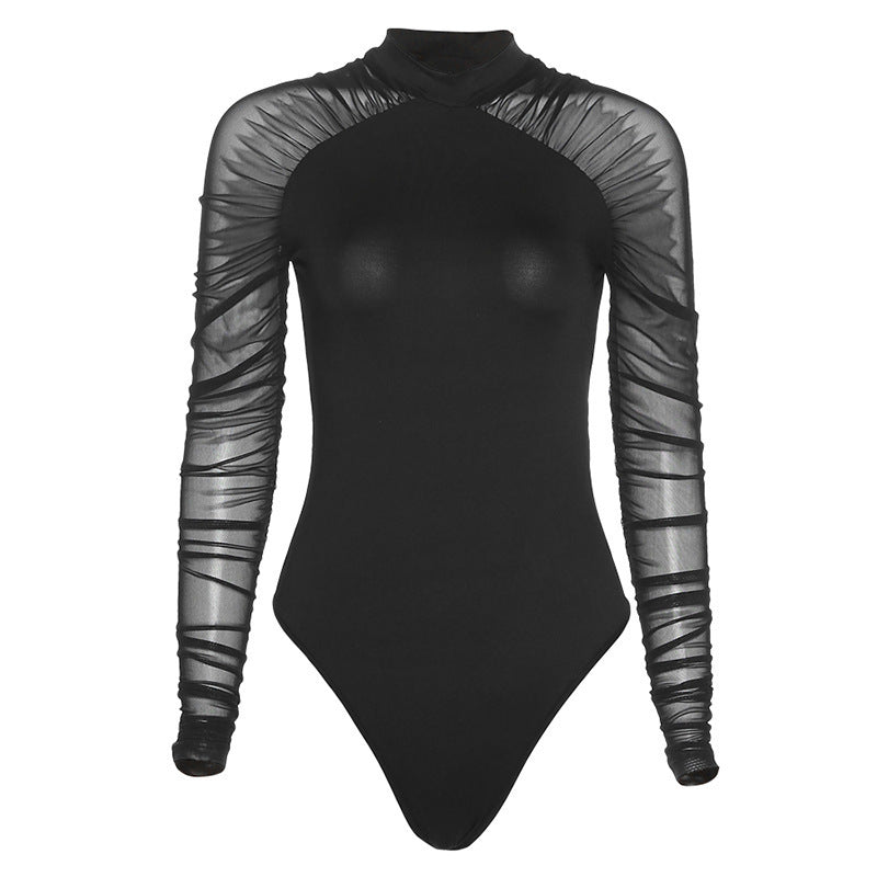 Damen Eleganter Body mit transparenten Ärmeln und speziellen Drapierungen EB