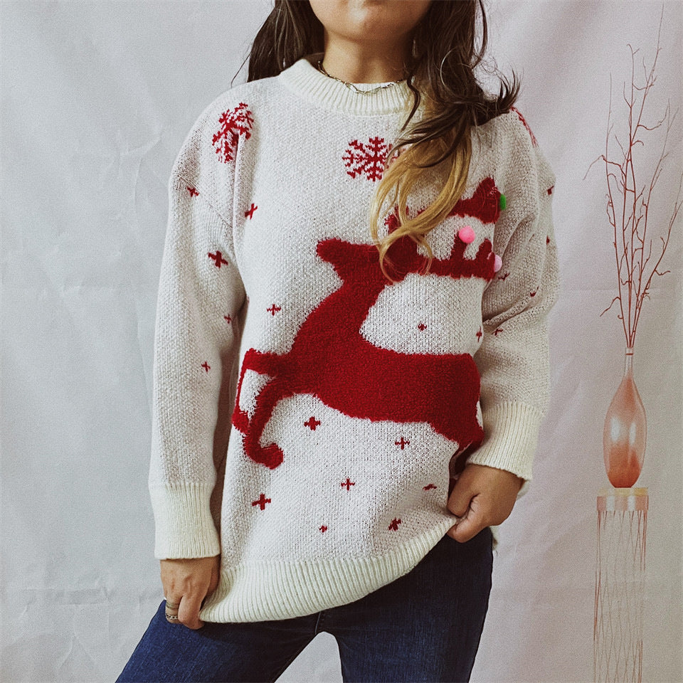 Damen festlicher Pullover mit kreativem Rentier-Motiv und strukturiertem Strick EB