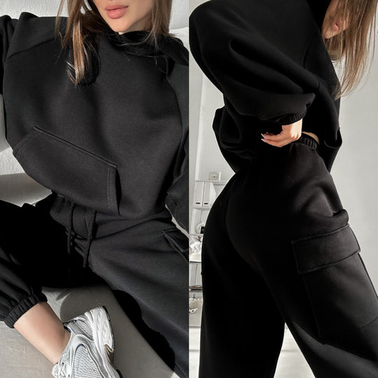 Damen oversized Hoodie mit Kängurutasche und Cargo-Jogginghose Set EB