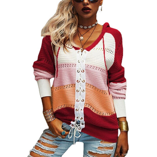 Damen Grobstrick Pullover mit Kapuze und modischem Linienmuster EB