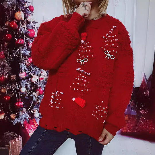 Damen Weihnachts-Pullover mit festlichem Motiv und 3D-Applikationen EB