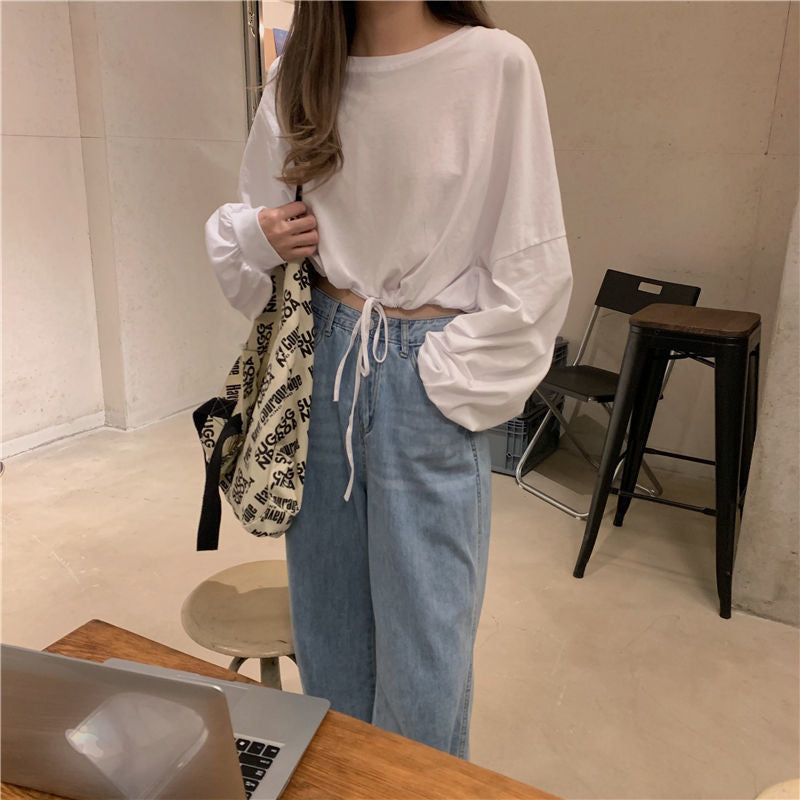 Damen Cropped Sweatshirt mit innovativem Kordelzug und oversized Ärmeln EB