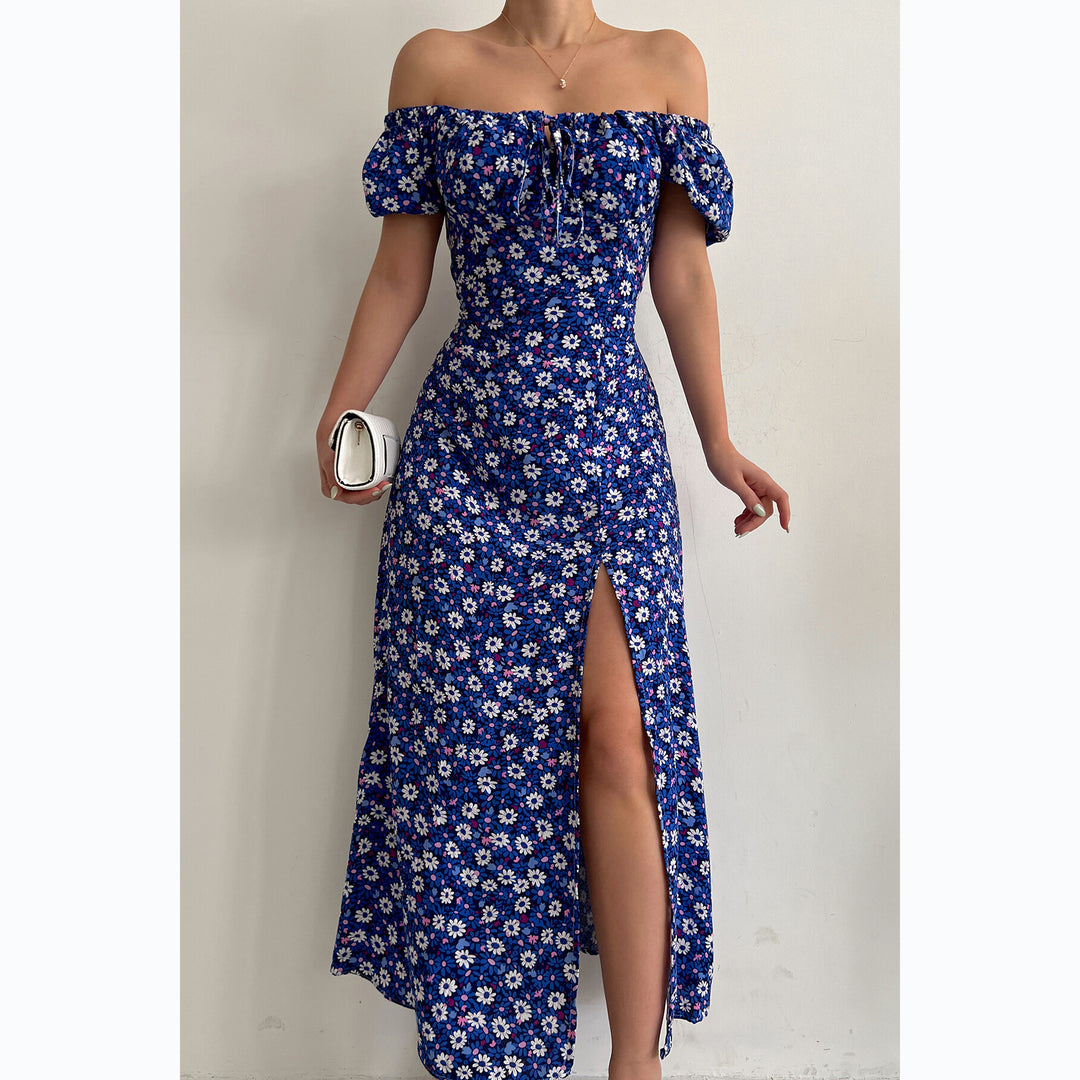 Damen Off-Shoulder Maxikleid mit floralem Design und elegantem Schlitz EB