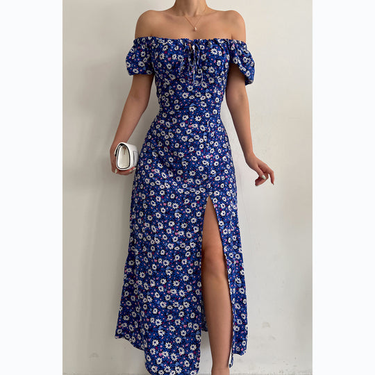 Damen Off-Shoulder Maxikleid mit floralem Design und elegantem Schlitz EB