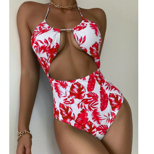 Damen Einteiliger Badeanzug mit modischem Cut-Out-Design und tropischem Blattmuster EB