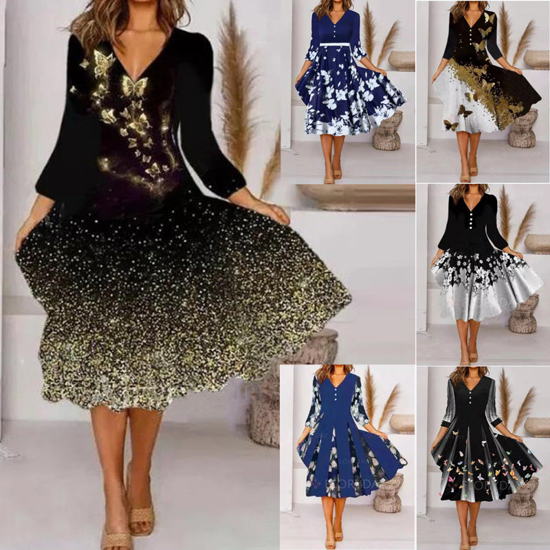Damen V-Ausschnitt Midi-Kleid mit fließendem Rock und floralem Ärmeldesign EB