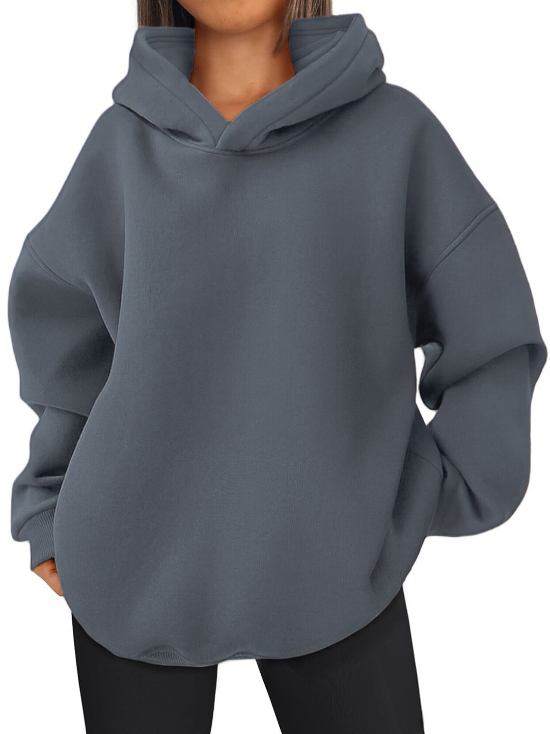 Damen nan kastiger Kapuzenpullover mit doppellagiger Kapuze, überschnittener Schulter und längerem Rückenteil EB
