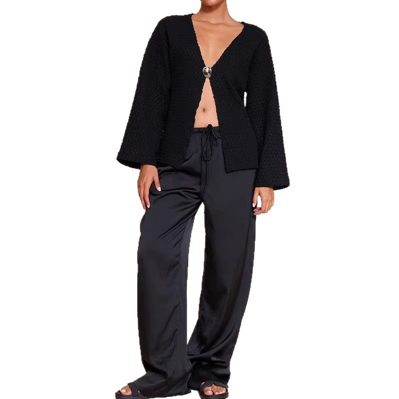 Damen Strukturierter Waffelstrick-Cardigan mit tiefem V‑Ausschnitt, Ein-Knopf-Verschluss und lässigen Oversize-Ärmeln EB