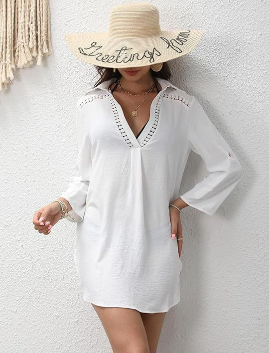 Damen Strandkleid mit V-Ausschnitt und exquisite Einsätze EB