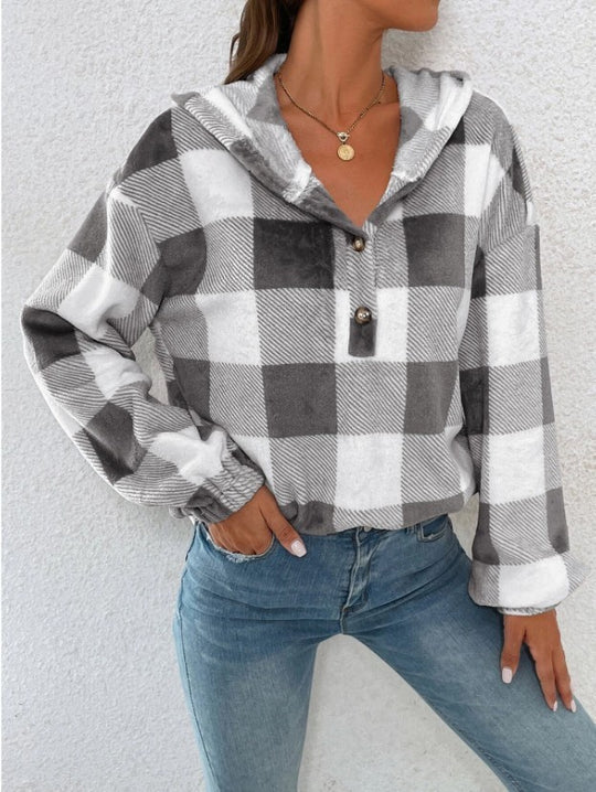 Damen Gemusterte Karo-Hoodie-Bluse EB