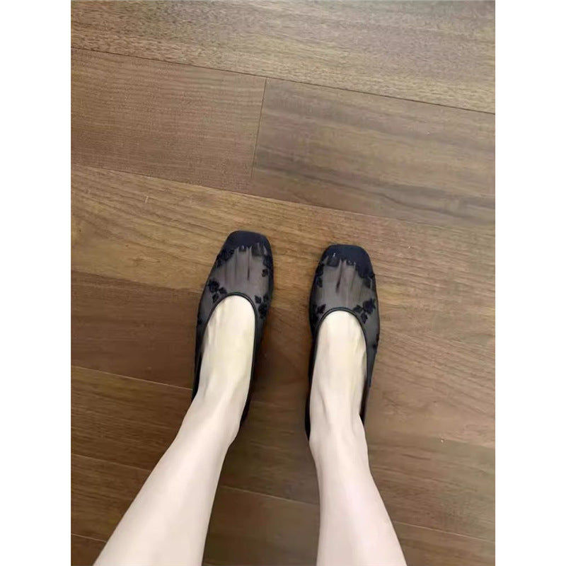 Damen Bestickte Mesh-Ballerinas mit quadratischer Zehenpartie und Rosenstickerei EB