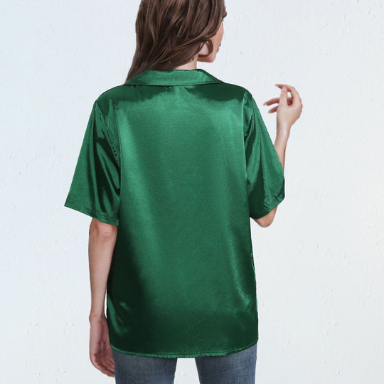 Damen kurzärmelige Bluse mit elegantem Knoten und glänzender Satin-Optik EB