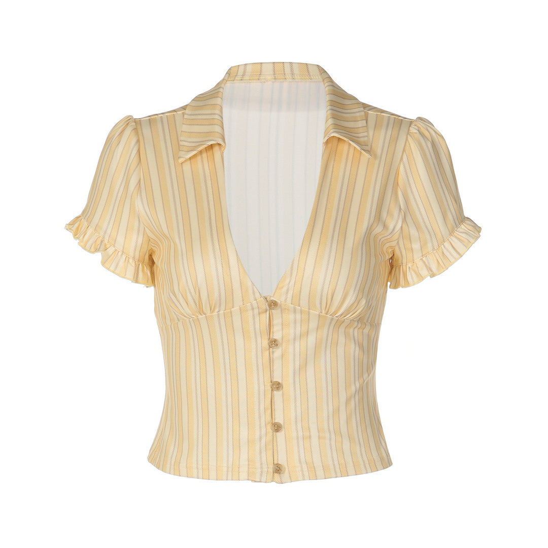 Damen Kurzarm Bluse mit Rüschendetails und V-Ausschnitt EB