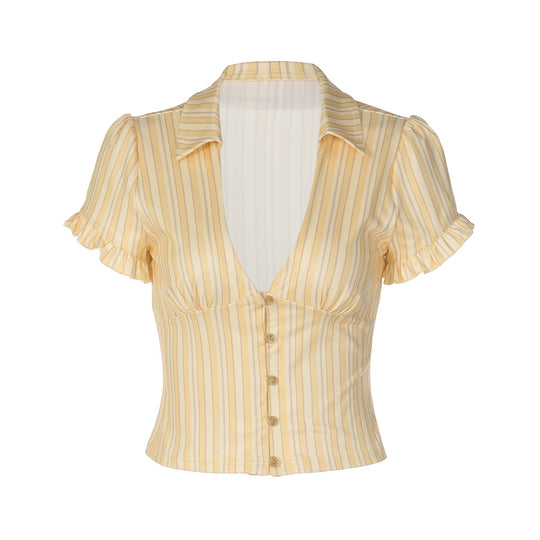 Damen Kurzarm Bluse mit Rüschendetails und V-Ausschnitt EB