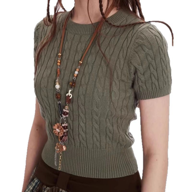 Damen Kurzarm Strickoberteil mit Kabelmuster EB