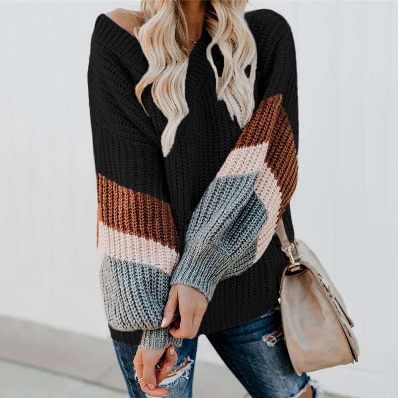 Damen Strickpullover mit modernen Farbblock-Design und weitem Schnitt EB