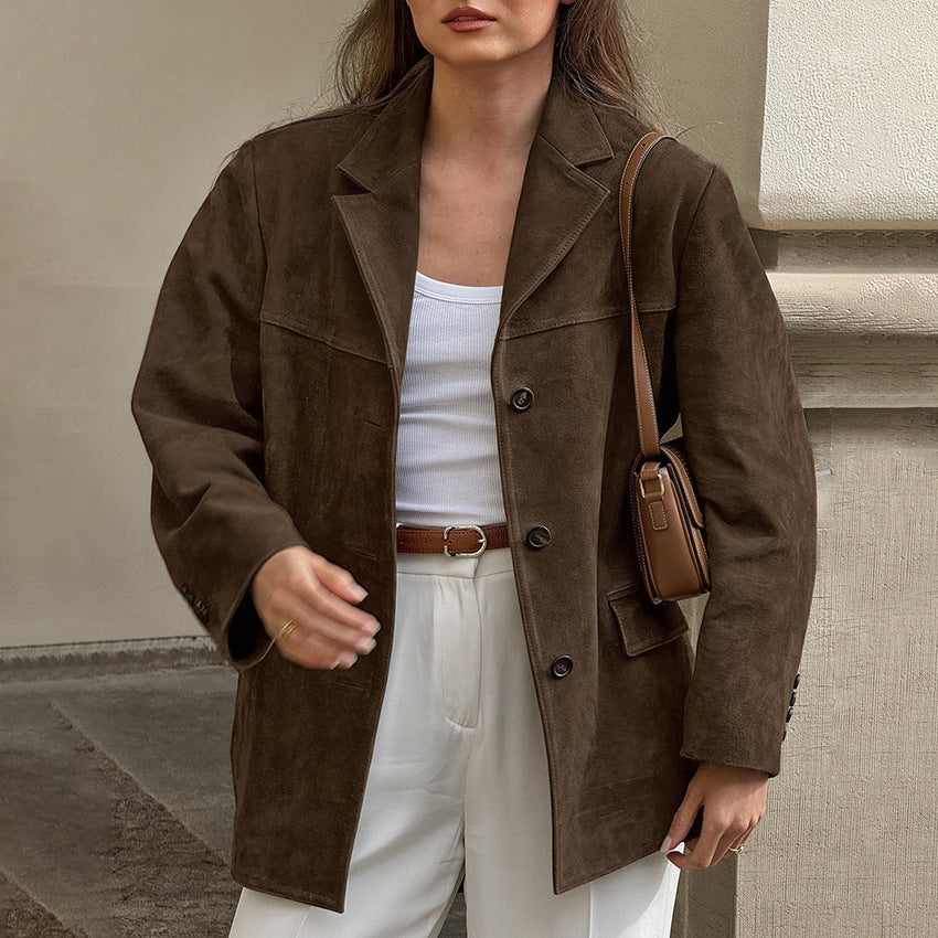 Damen Modische Wildlederjacke im Oversized-Schnitt mit klassischem Kragen und praktischen Taschen EB