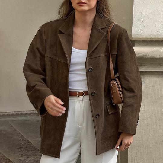 Damen Modische Wildlederjacke im Oversized-Schnitt mit klassischem Kragen und praktischen Taschen EB