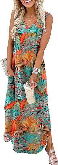 Damen Maxi-Kleid mit modernem V-Ausschnitt und praktischem Taschendesign EB